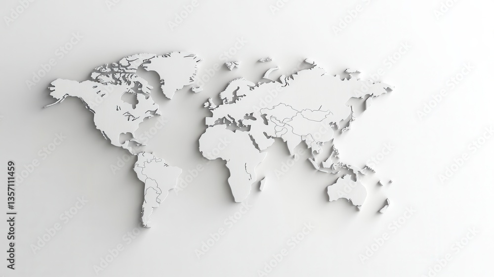 Poster white textured world map on a white background. minimalist design with embossed continents.