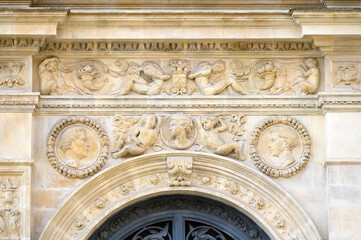 Medieval stone carving decorations in the facade of the Casa Consistorial, Seville, Spain