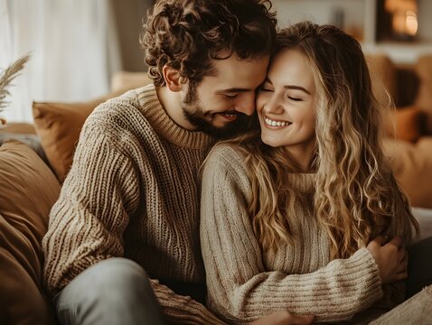 A happy young couple cuddles closely on a cozy couch in their warm living room enjoying intimate moment together.