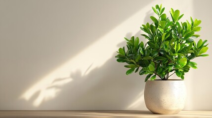 Fototapeta premium Green Indoor Plant in Modern Pot with Soft Shadow on Wall