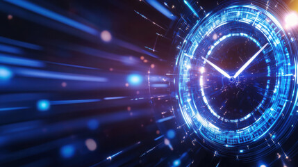 Floating clock in data matrix vortex with radiant blue light effects