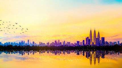 Fototapeta premium Cityscape at sunrise with reflection