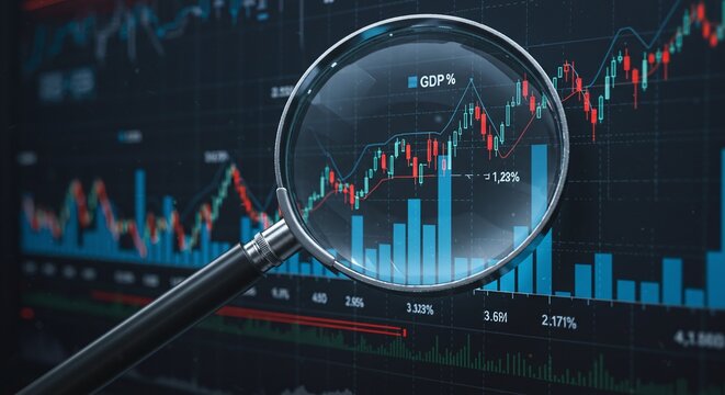 Analyzing Market Trends: A magnifying glass examines a dynamic stock chart, highlighting financial analysis and market trends.