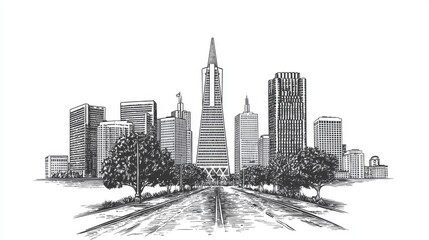 In the background of the sketch, a city street meets at a vanishing point, evoking an urban feel