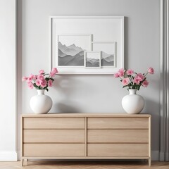 Modern Living Room Interior with Light Wood Chest of Drawers, Pink Flowers, and Mountain Artwork