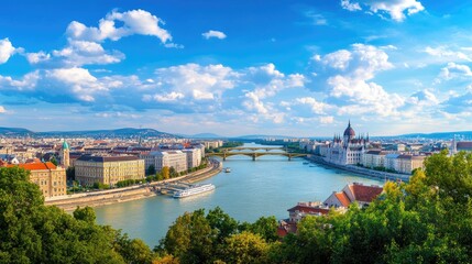 Panoramic View of Beautiful City Skyline with River and Clouds