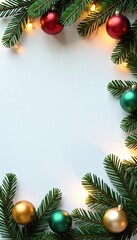 A festive white Christmas background adorned with lush fir branches, shiny ornaments, and twinkling lights,  shiny, Christmas