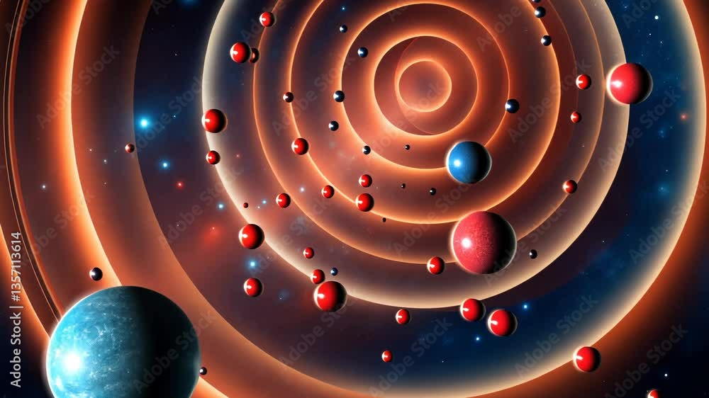 Poster a colorful display of various sized balls, including red and blue ones, arranged in a circular patte