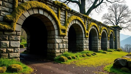 Fototapeta premium Ancient stone wall covered in yellowish moss with mossy arches in a rustic outdoor landscape, outdoor, rustic