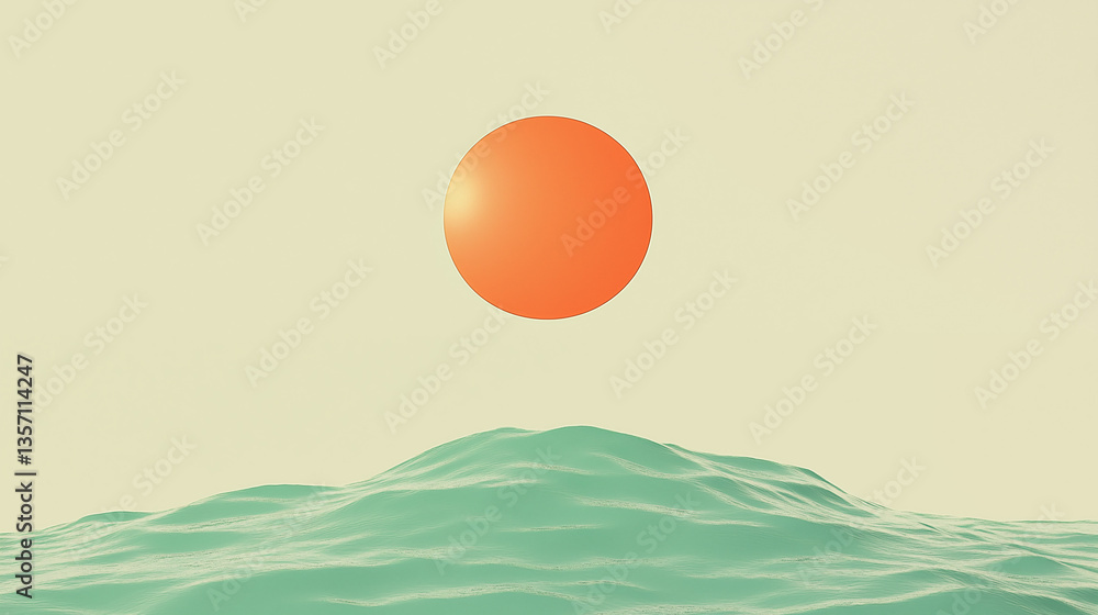 Poster floating sun over waves: a minimalist depiction of a setting sun hovering above gentle waves, conjur