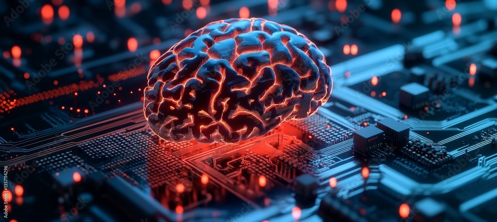 Poster illuminated ai brain chip rests on a futuristic circuit board with soft, ethereal light