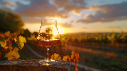 Brandy served at a vineyard with sunset as a backdrop