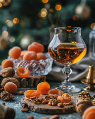 Brandy served in a goblet with a selection of dried apricots and nuts, cozy winter setting