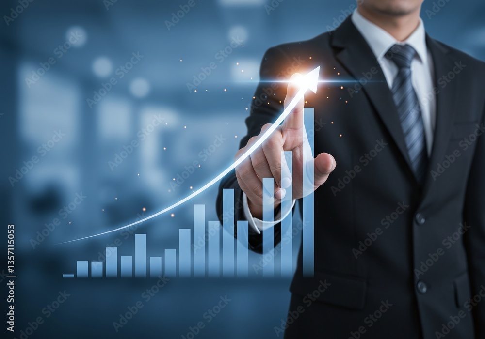 Poster navigating success: a businessperson points to a bar chart demonstrating growth, symbolizing achieve