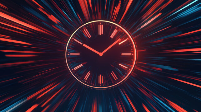 Futuristic analog clock in hyper speed zone with vibrant light trails - Powered by Adobe