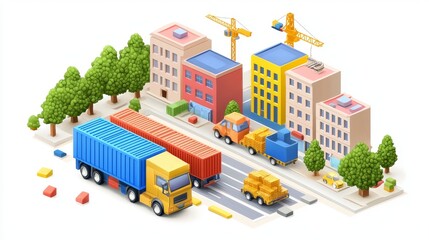 Obraz premium In a thriving urban setting, a colorful 3D cityscape comes alive with intricate details of buildings, vehicles, and construction elements