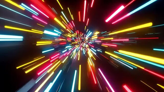 Colorful streaks of light converge in a space, creating a dynamic and vibrant optical illusion