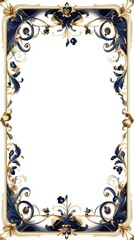 Elegant rectangular white frame with intricate blue and gold decorations, high-resolution vector graphic with a transparent background, designed for text placement and digital design projects.