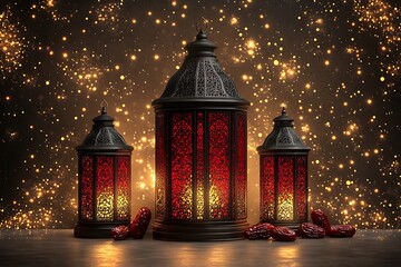 Fototapeta premium Ramadan lanterns with dates for sparkling background.