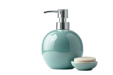A serene teal soap dispenser and bar creating a spa ambiance promoting hygiene in a modern minimalist style studio lit