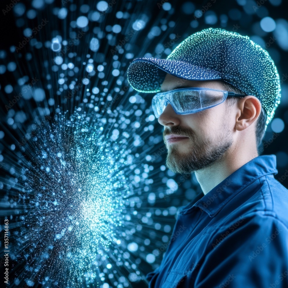 Poster a man wearing safety glasses and a cap is shown from the side, with a burst of light and data points