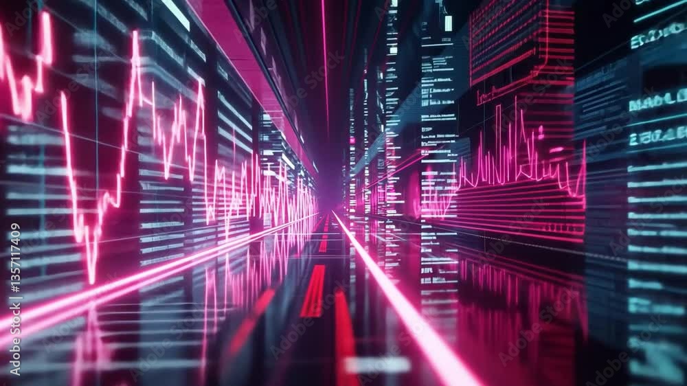 Poster futuristic digital technology vibrant pink and neon lines in data visualization, showcasing innovati