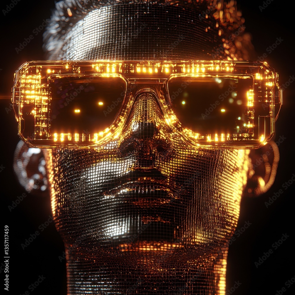 Poster close up of a face like digital rendering, constructed of glowing gold and bronze particles, wearing
