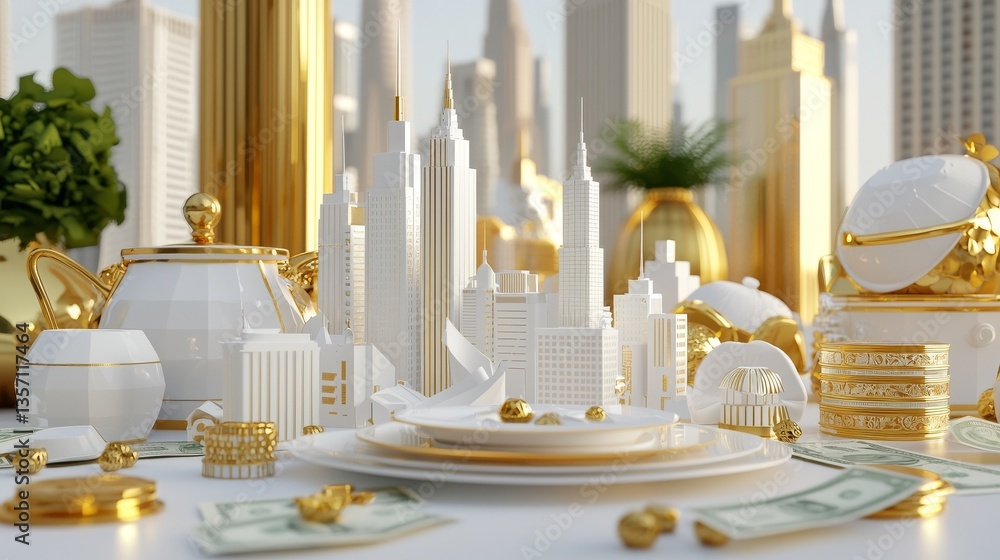 Poster a small model of a city featuring illuminated structures and a bokeh lighting effect