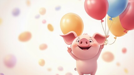 Happy Pink Pig with Pastel Balloons Floating on White Backgrounds and Celebrations Decorations for Party and Holiday Celebrations. Whimsical and Playful Design. Featuring Cute and Adorable