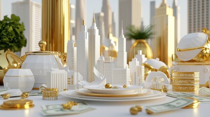 A small model of a city featuring illuminated structures and a bokeh lighting effect