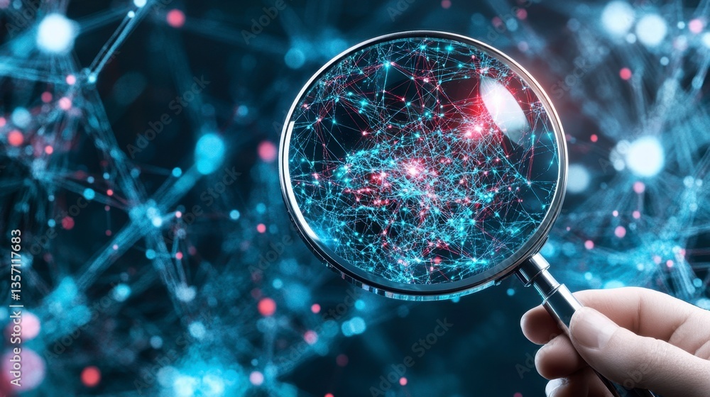 Poster a hand holds a magnifying glass over a complex network of glowing blue and red nodes. the background