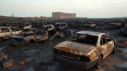 Abandoned Land of Rusty Cars in a Desolate Wasteland Environment