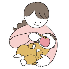 歯磨きをするお母さんと赤ちゃん_横抱き