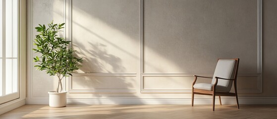 a minimalistic interior design, featuring a plant, a chair, and window