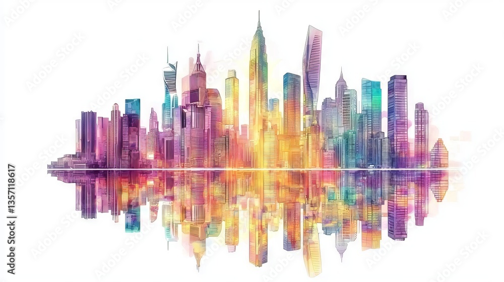 Aufkleber website design background featuring a modern cityscape with abstract urban elements and colorful arc