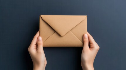 Fototapeta premium Overhead view of two hands holding a light brown recycled paper envelope against a dark gray background.
