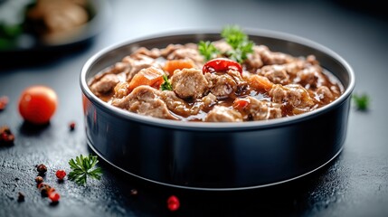 Gourmet pet food stew, rich in protein and healthy ingredients, is presented in a stylish dark bowl showcasing a luxurious and appetizing meal for discerning pets.