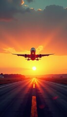 Fototapeta premium Airplane descending towards runway as the sun sets in the background, runway, aviation