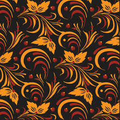 Russian old style ornament Hohloma in red and gold colors seamless pattern. Vector Floral slavic traditional decoration motive. For cards, fabric, textiles, clothing, packaging.