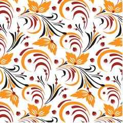 Russian old style ornament Hohloma in red and gold colors seamless pattern. Vector Floral slavic traditional decoration motive. For cards, fabric, textiles, clothing, packaging.