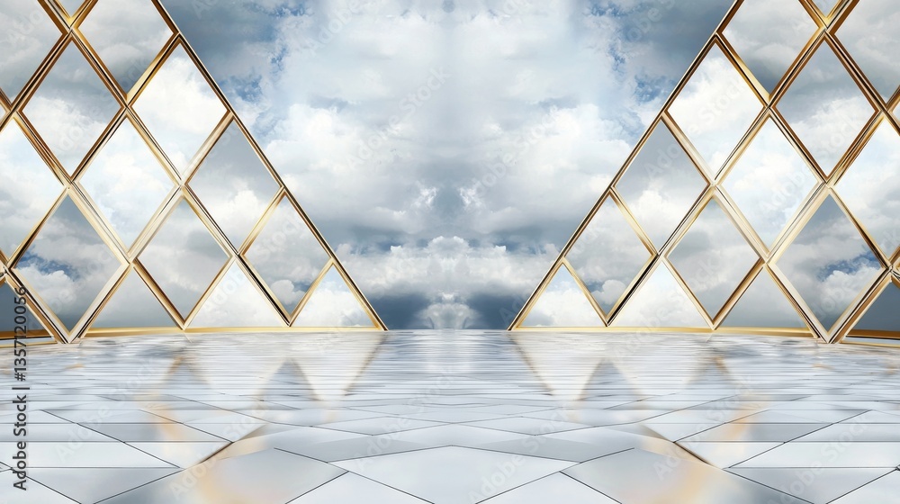 Poster the image features a 3d render of a futuristic, abstract structure set on an empty concrete floor an