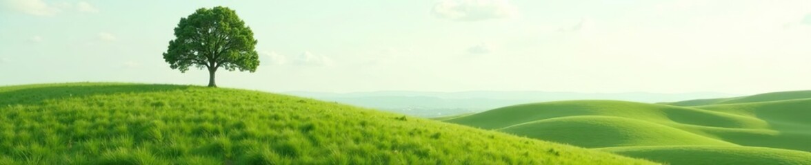 Fototapeta premium A lone tree standing tall on a rolling grassy hill, overlooking the vast open landscape, nature, harmony