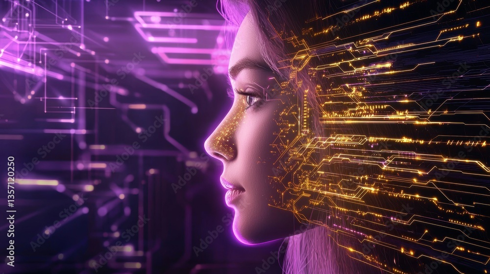 Poster futuristic technology integration digital space portrait neon environment side view artificial intel