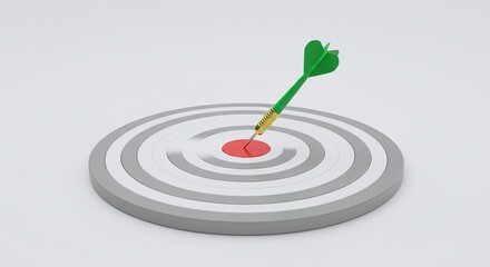 Bullseye Achievement: A single green dart hits the bullseye center of the target. The image signifies precision, focus, and accomplishment. 