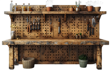 Rustic Wooden Workshop Bench with Tools and Plants   Perfect for DIY Crafts and Gardening