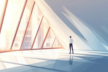 Modern Businessman Standing in Bright, Abstract Office Space