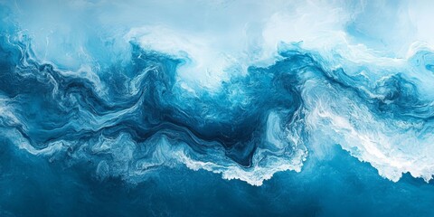 a stunning abstract representation of ocean waves in varying shades of blue. The image captures the dynamic movement and beauty of the sea