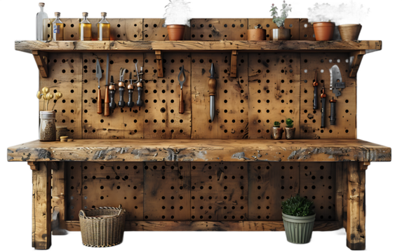 Rustic Wooden Workshop Bench with Tools and Plants   Perfect for DIY Crafts and Gardening
