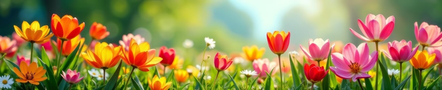 Vibrant array of spring flowers in full bloom on a sunny day, vibrant, garden, sunny