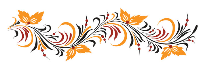 Beautiful border or ornament in the Old Russian style. Traditional Slavic, folk motif. Vector twigs, berries, flowers and leaves. For cards, fabric, textiles, clothing, packaging.